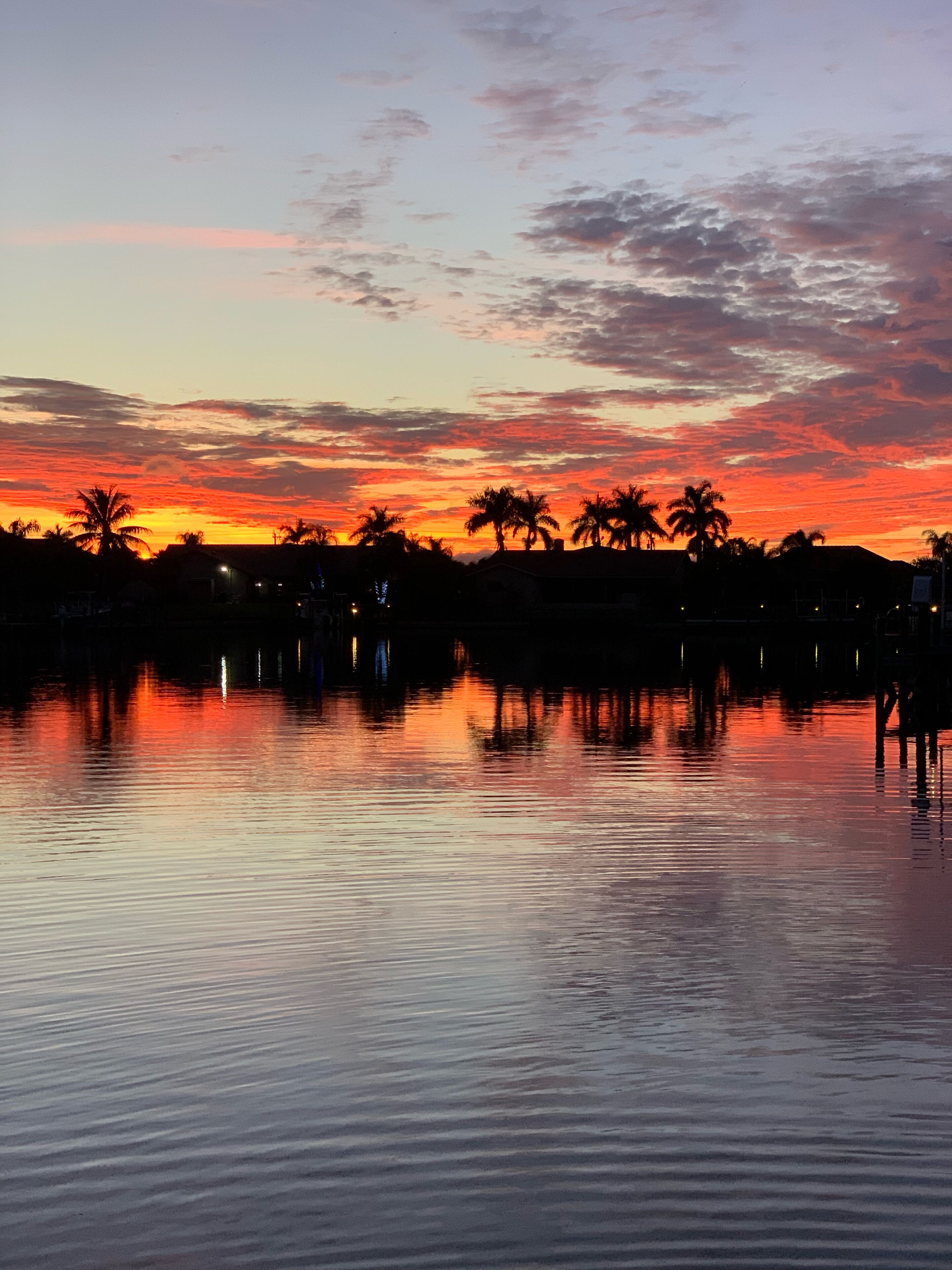 A sunset over a calm body of water with silhouettes of palm trees and buildings.