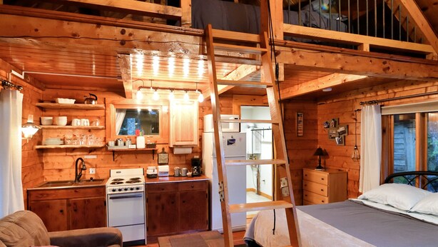 A cozy cabin interior with a loft bedroom, a kitchen, and a living area.