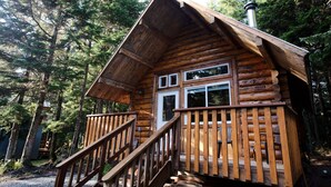 A wooden cabin with a balcony, surrounded by trees.