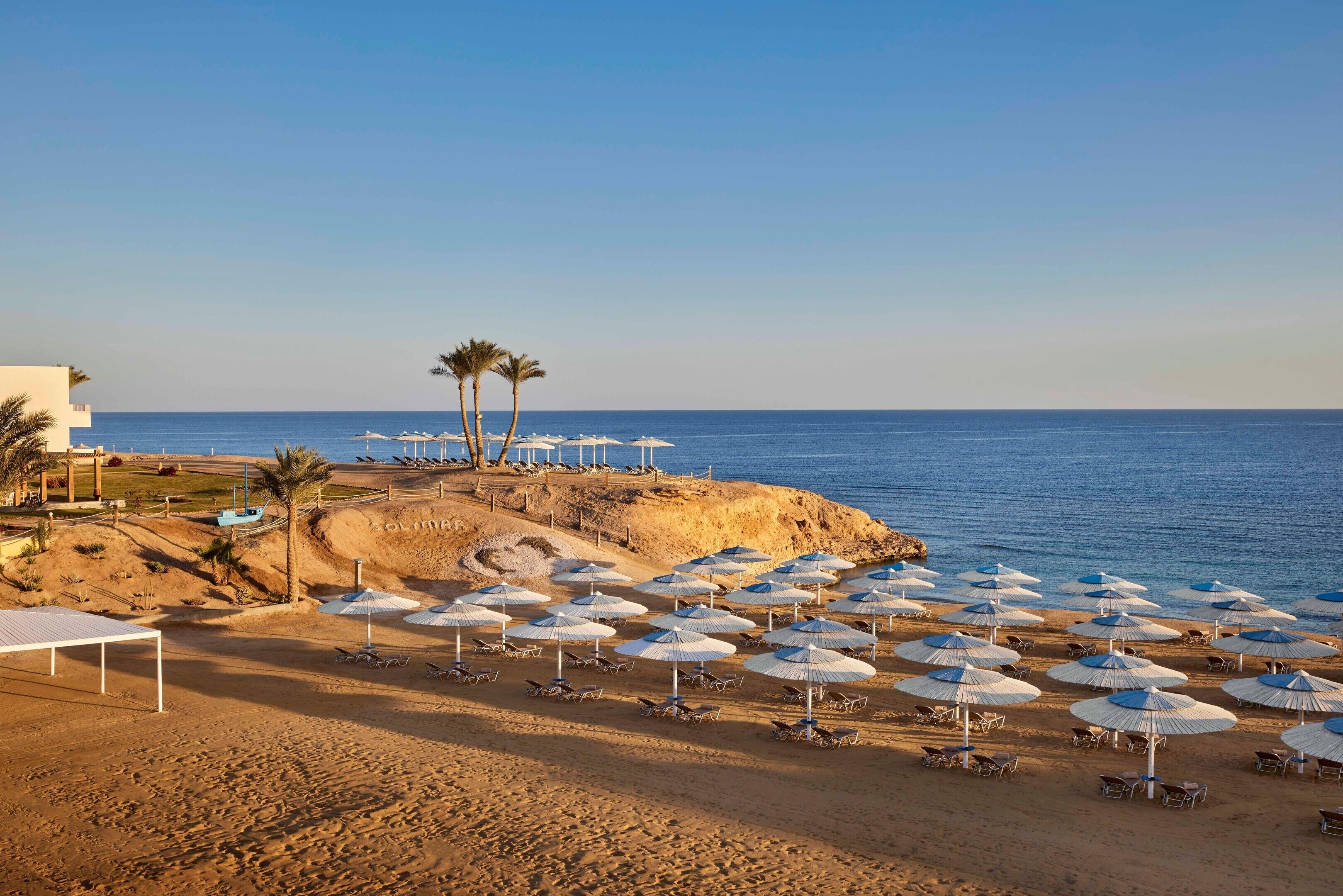 A beach with rows of sun umbrellas and lounge chairs, a clear sky, and a calm sea.