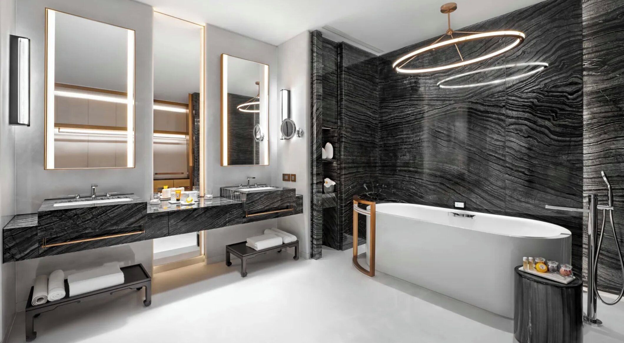 Separate tub and shower, free toiletries, hair dryer, bathrobes