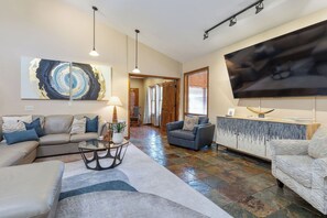 Smart TV, fireplace, video games, DVD player