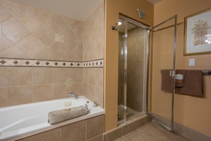 Combined shower/tub, hair dryer, towels
