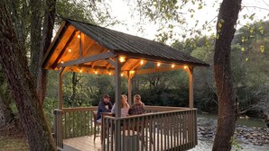 A wooden gazebo with a metal roof, surrounded by trees and a river.