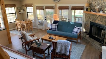 Smart TV, fireplace, video games, DVD player