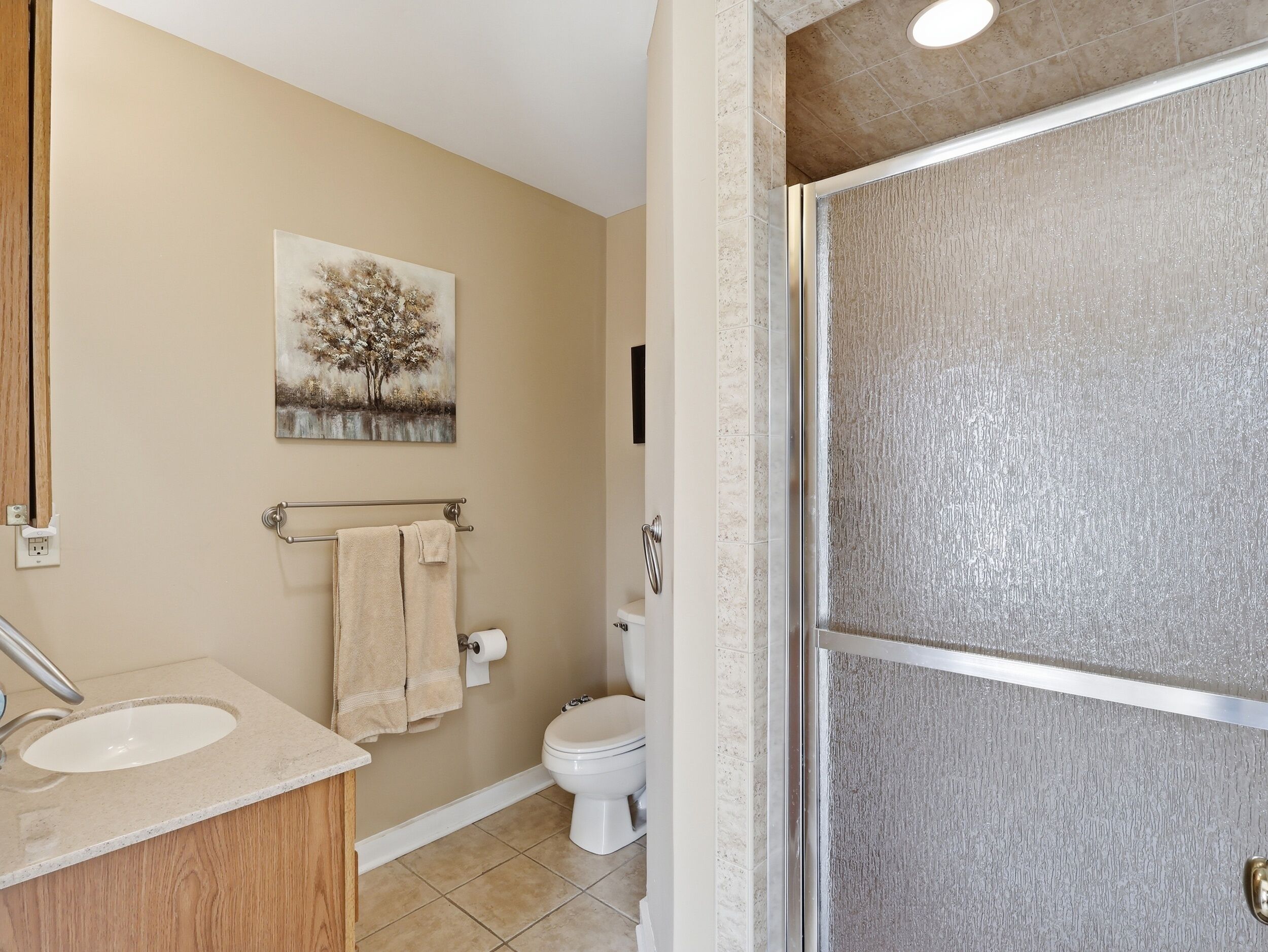 Een badkamer met een wastafel, toilet en douche.