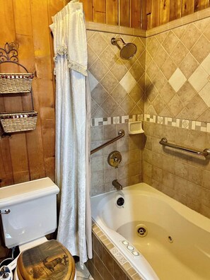 Combined shower/tub, hair dryer, towels