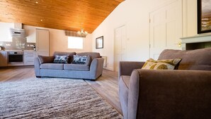 A cozy living room with a high wooden ceiling, a grey sofa with patterned cushions, a brown armchair, and a fireplace. - Deerstalker. Beautiful 5 star, 1 bedroom chalet sleeps up to 2 (Crianlarich)