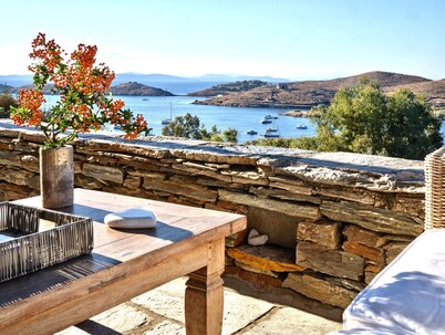 Stunning Kea home with spectacular open views of the sunset and Vourkari bay. 