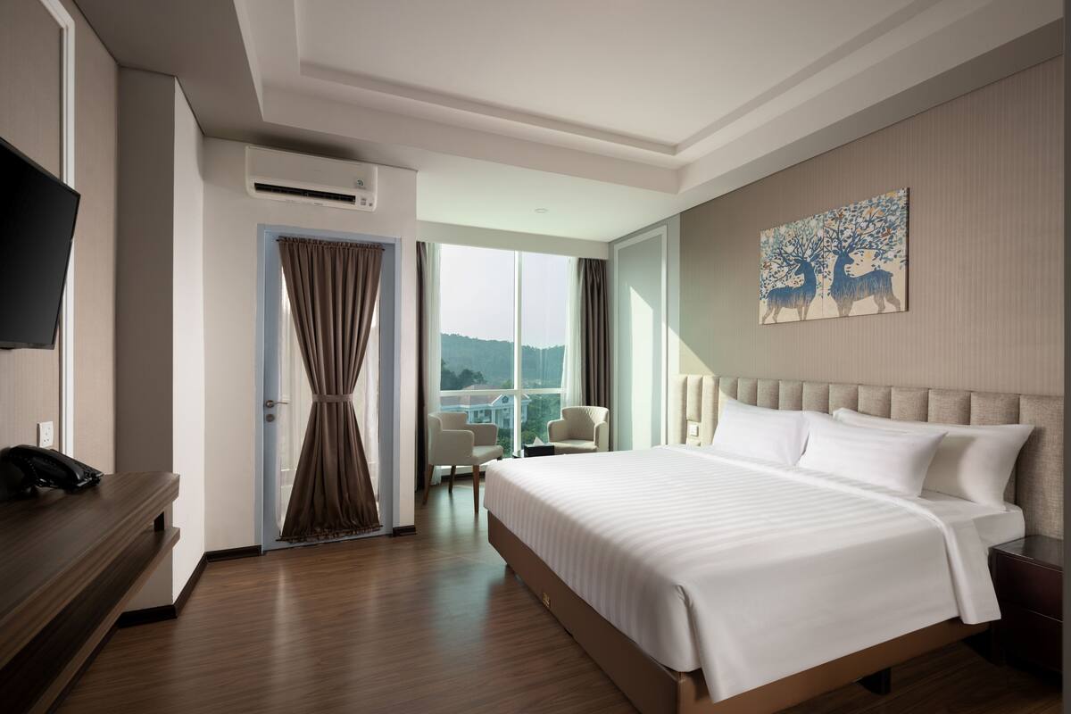 Una habitación de hotel con una cama grande, un escritorio, una silla y un televisor.