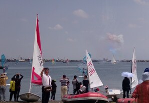 Un grupo de personas junto al agua, con veleros y equipo de windsurf.