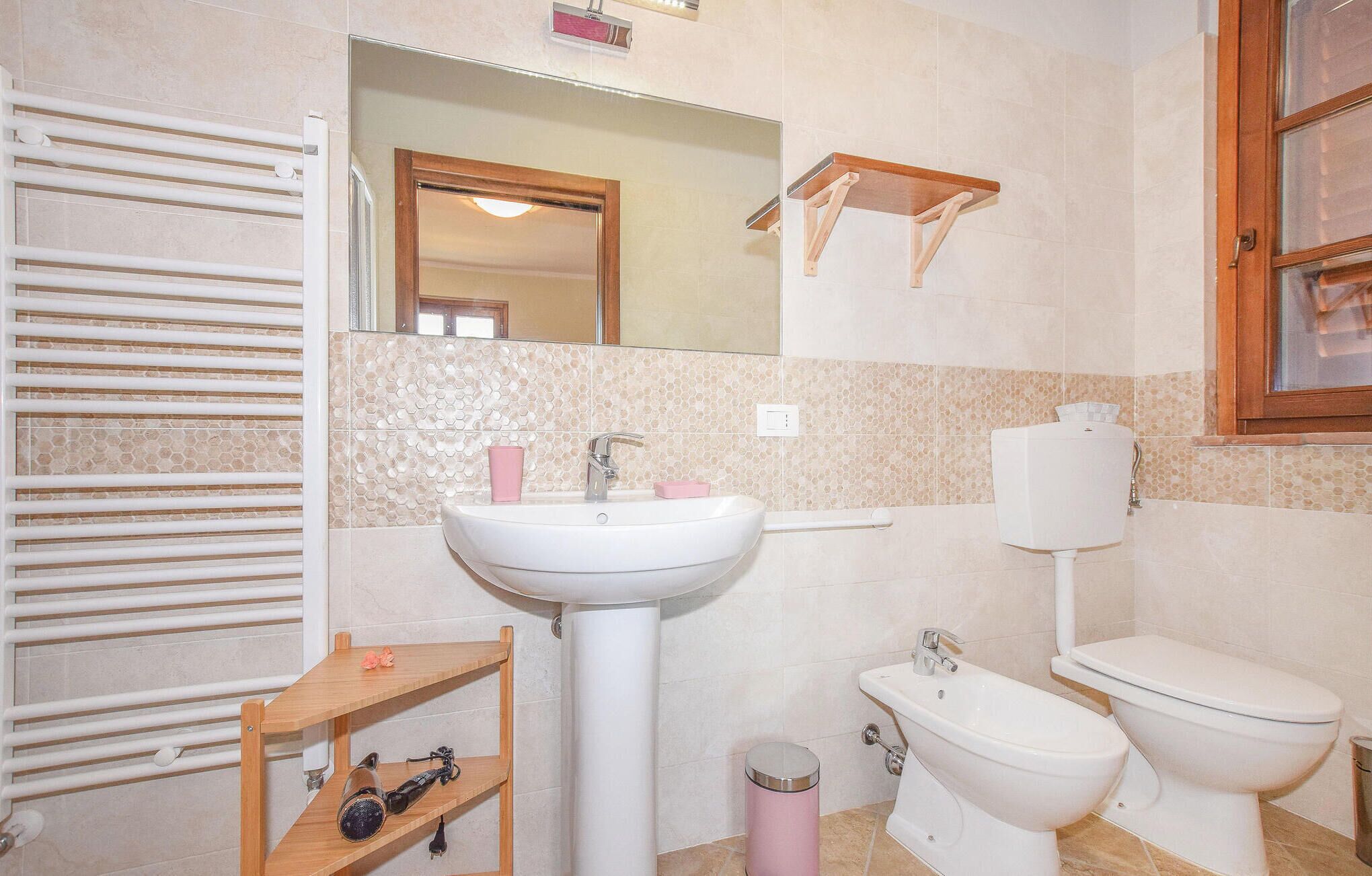A bathroom with a white sink, a toilet, a bidet, a mirror, a towel rack, and a small shelf with toiletries.