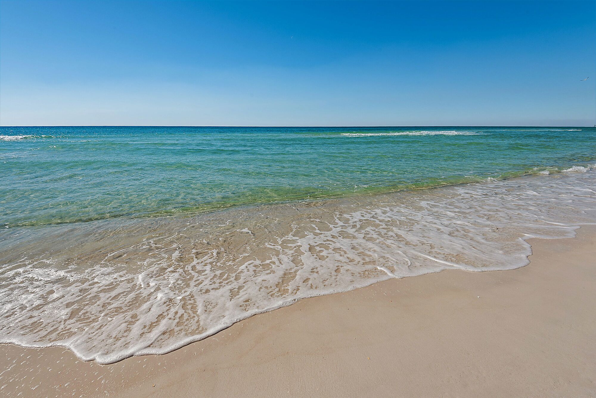 Une plage avec une eau d’un bleu limpide et un rivage sablonneux.