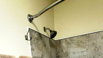 Hair dryer, towels, shampoo
