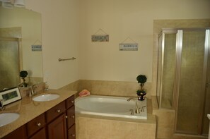 Combined shower/tub, hair dryer, soap, toilet paper