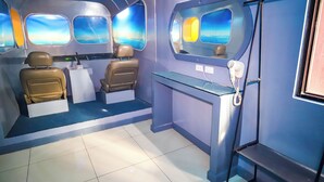 A modern airplane cabin with two seats, a control panel, and a window with a sky view. - Astrotel Monumento (Caloocan)