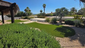 Un jardín cuidado con una gran variedad de plantas y un cielo azul despejado.