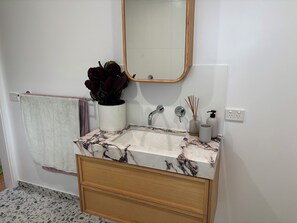 Shower, hair dryer, soap, shampoo