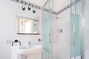Shower, hair dryer, bidet, towels