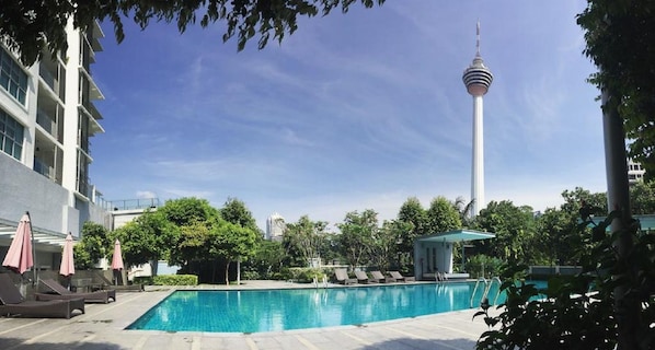 Outdoor pool, sun loungers