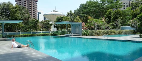 Outdoor pool, sun loungers