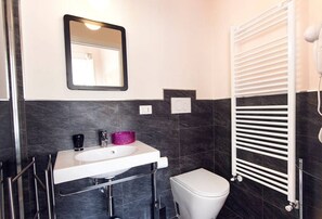 Shower, hair dryer, bidet, towels