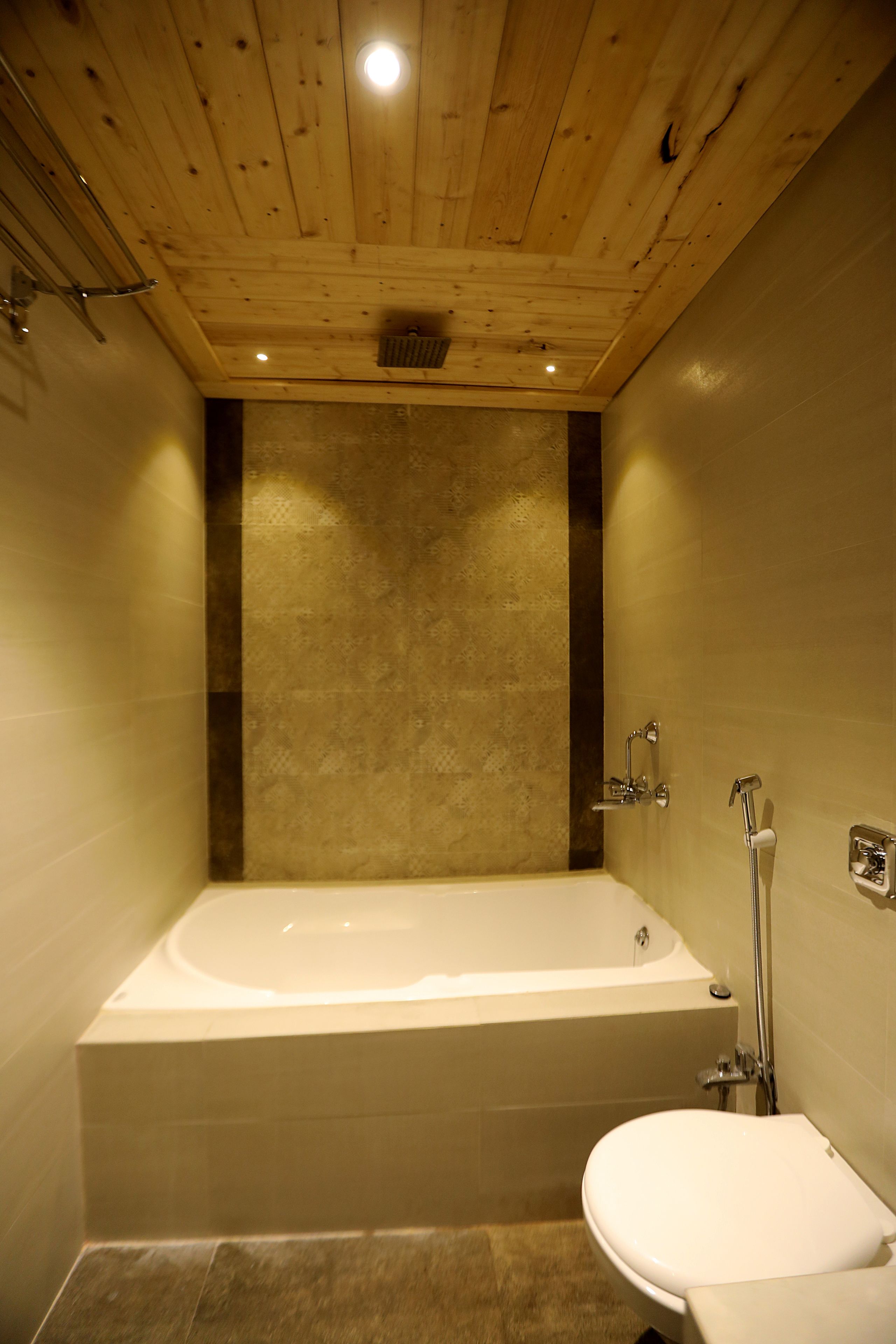 A modern bathroom with a wooden ceiling, a large bathtub, and a toilet.