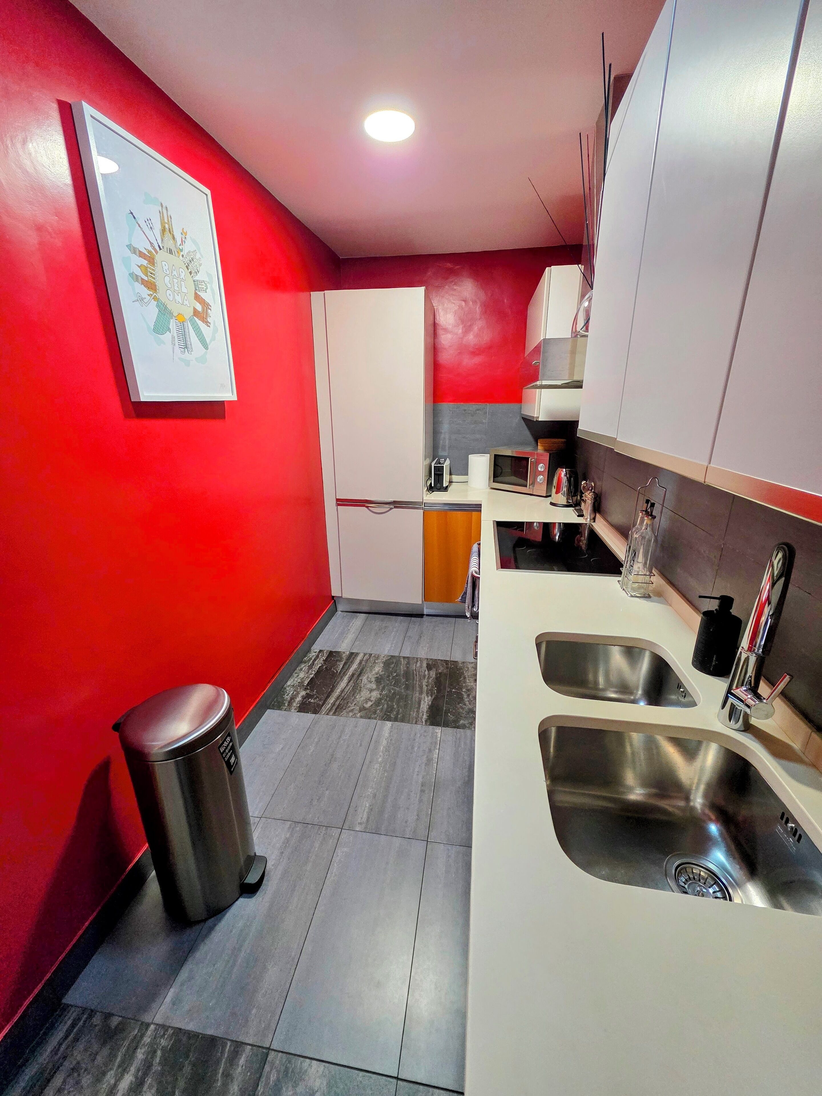 Cocina compacta con una pared roja, un lavamanos de acero inoxidable, un microondas y un cubo de basura.