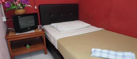 A single bed with a beige bedspread and a white pillow, a small wooden nightstand with a television and a vase of flowers, and a red wall.