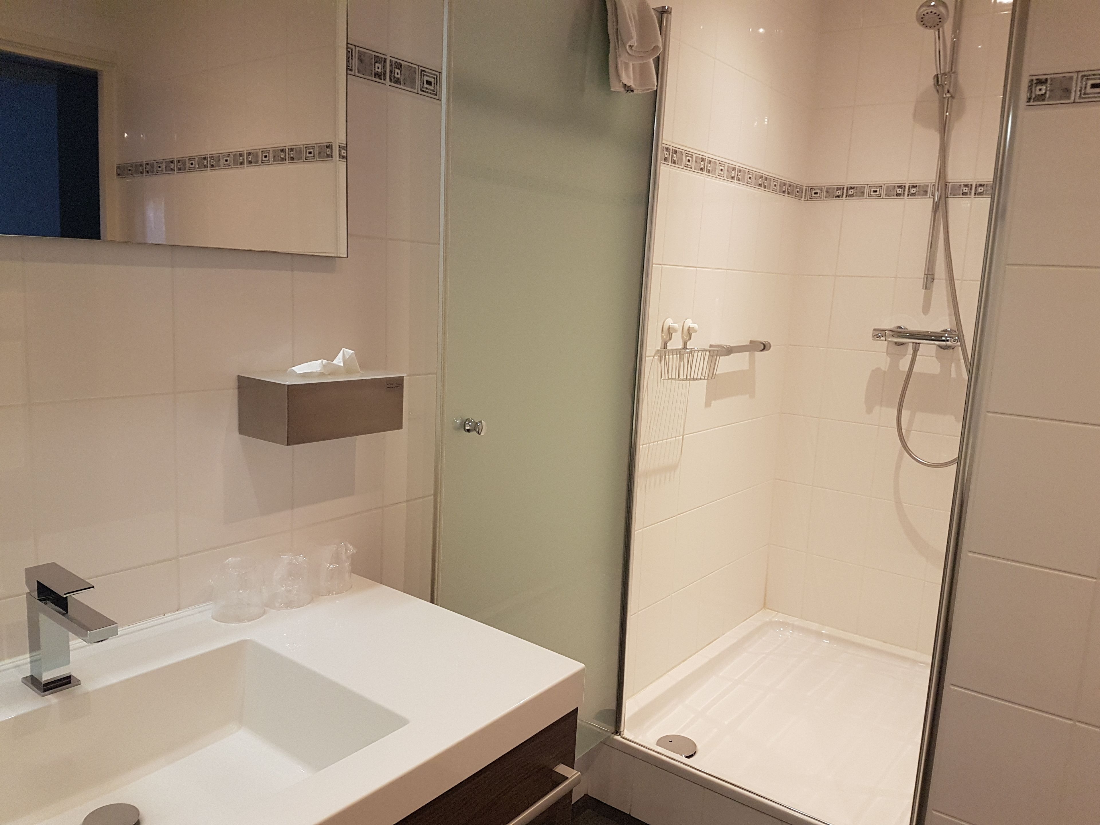 A modern bathroom with a glass-enclosed shower, a white sink, and a towel rack.
