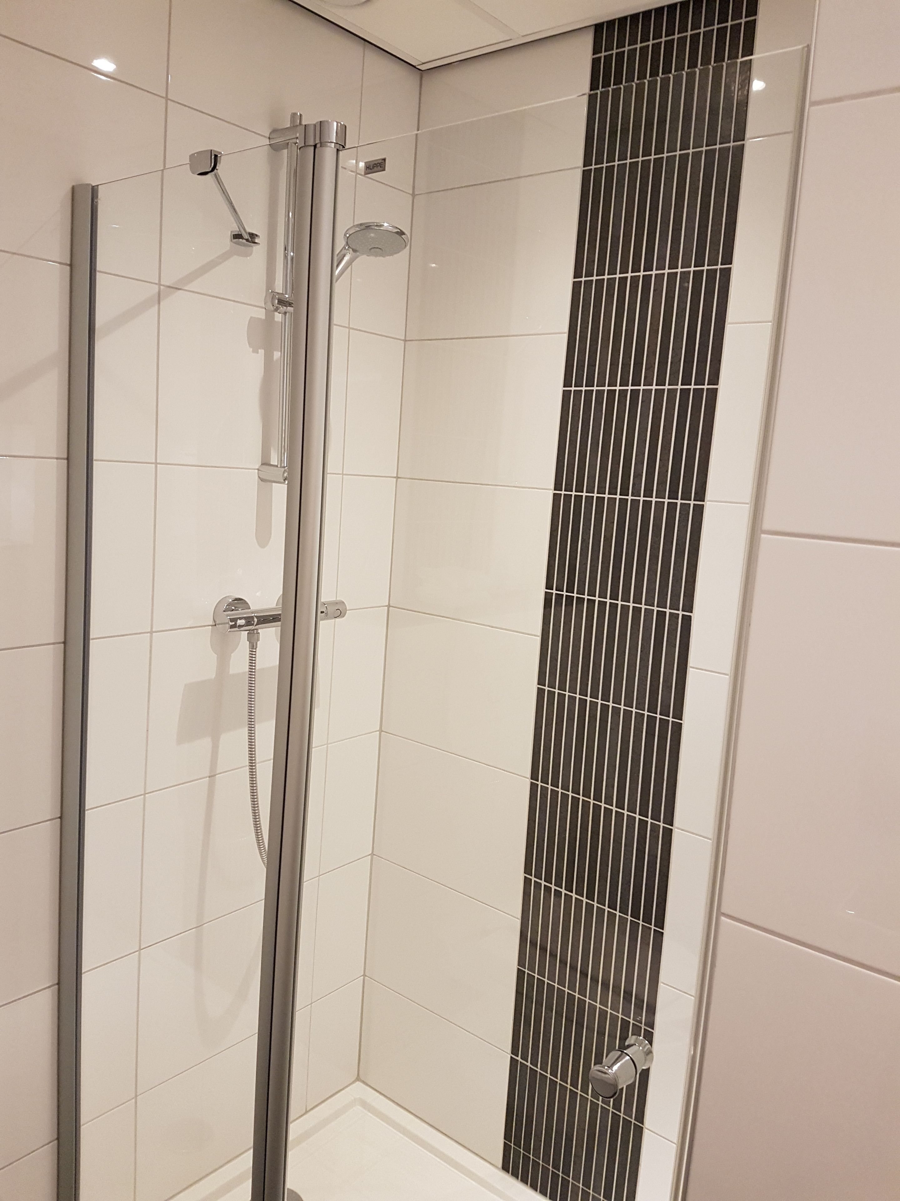 A modern shower enclosure with a glass door and a vertical black tile accent.