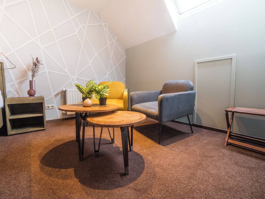 A modern room with a bed, a yellow armchair, a grey sofa, a small wooden table with a plant, and a radiator.