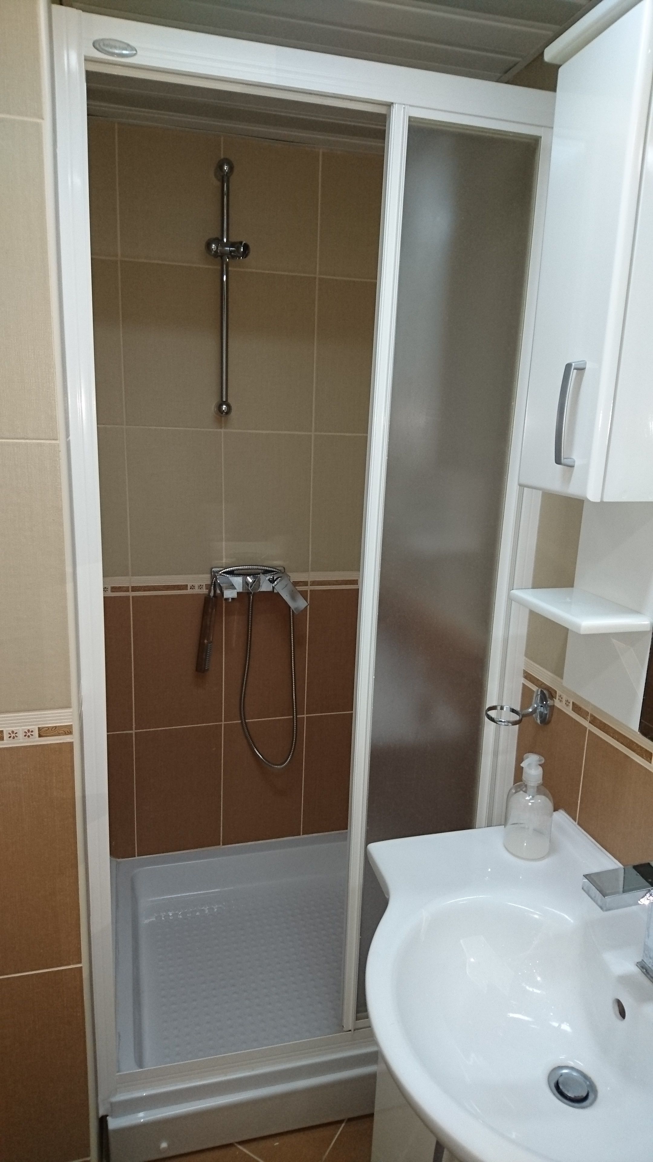 A bathroom with a shower enclosure, a sink, and a mirror.