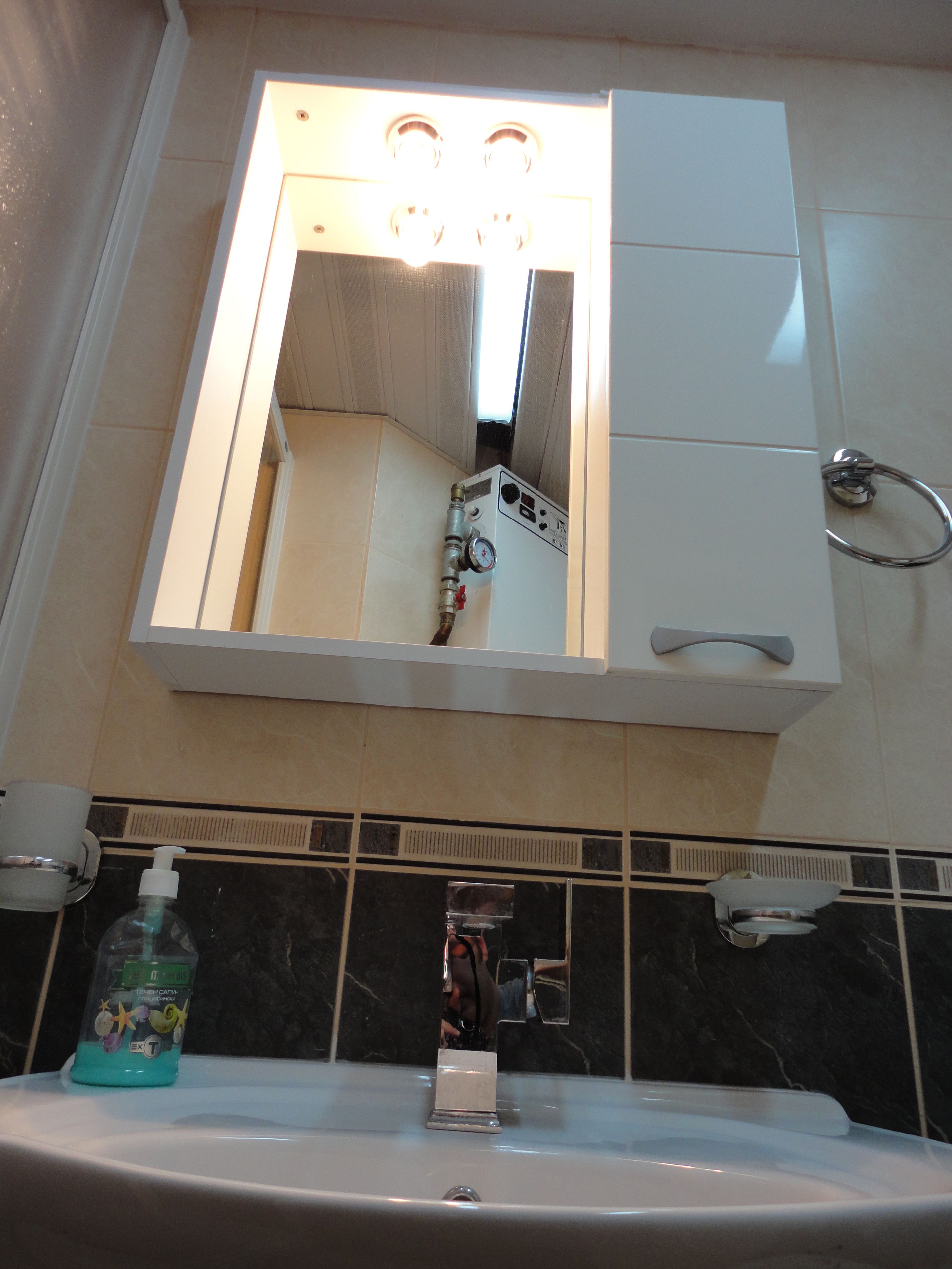 A bathroom with a white sink, a mirror, and a handheld showerhead.