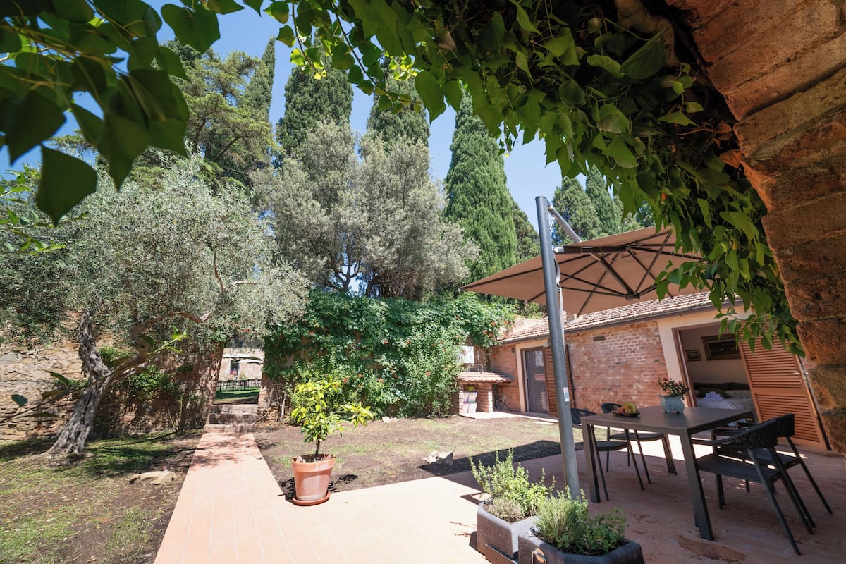 A patio area with a table and chairs, a potted plant, and a brick wall.