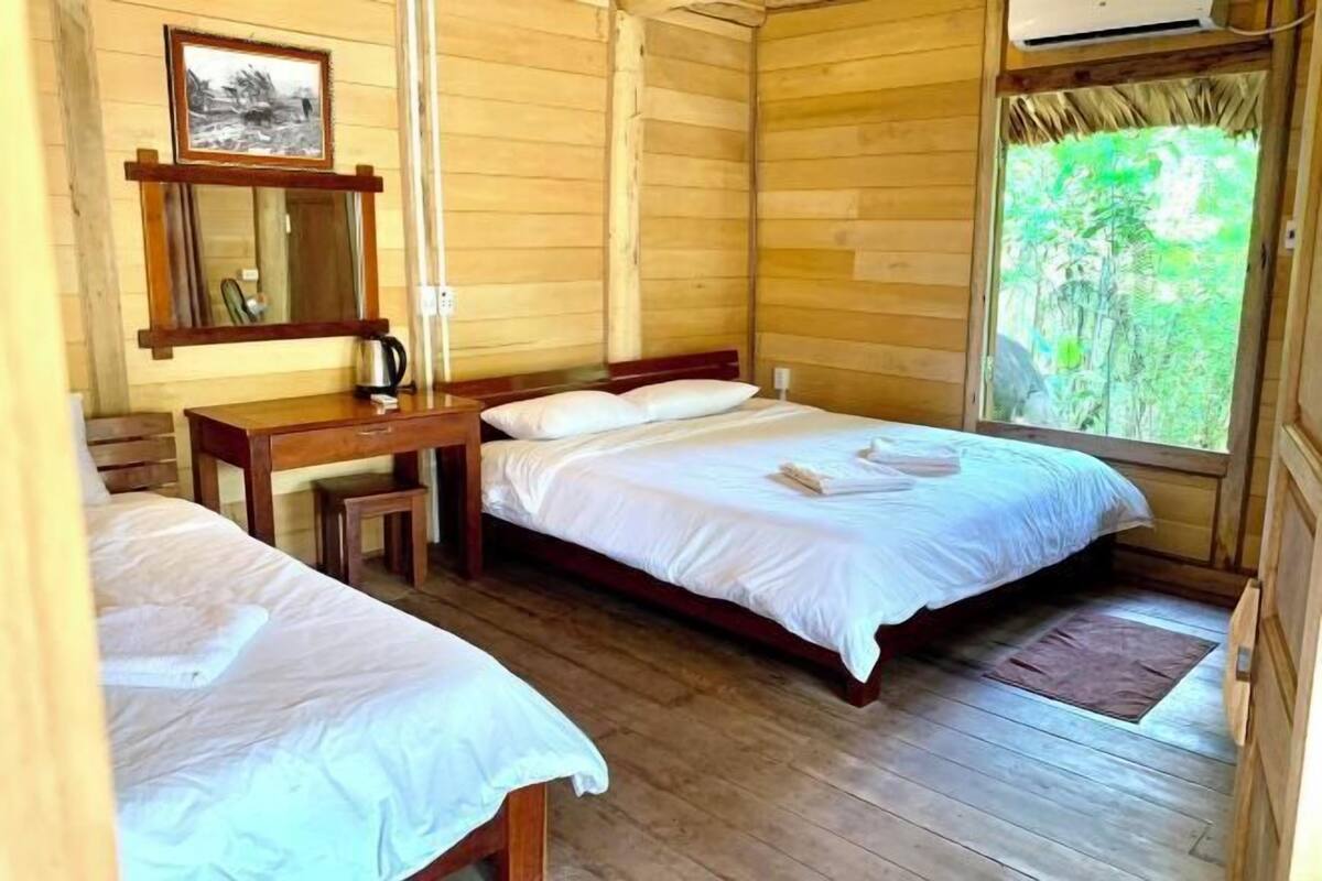 Een houten kamer met twee bedden, een bureau en een raam met uitzicht op groen.