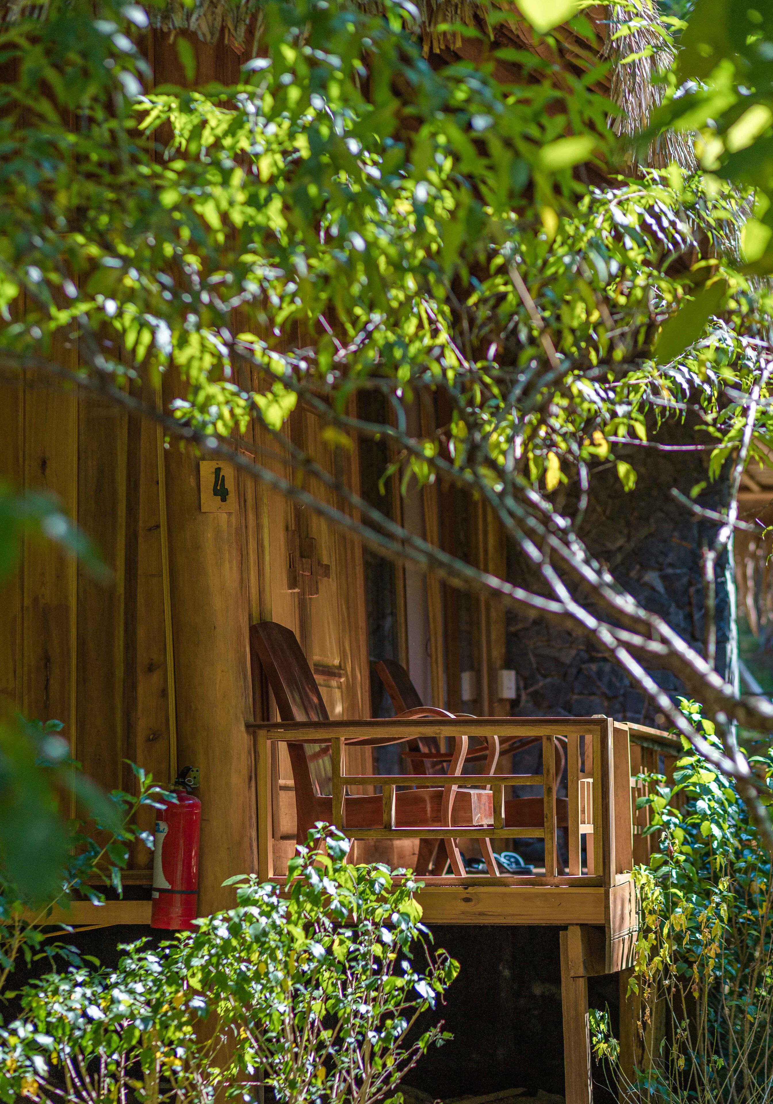 Une cabane en bois dotée d’une terrasse, entourée de verdure.