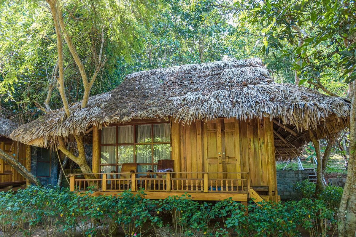 Een houten hut met rieten dak, omgeven door weelderige begroeiing.