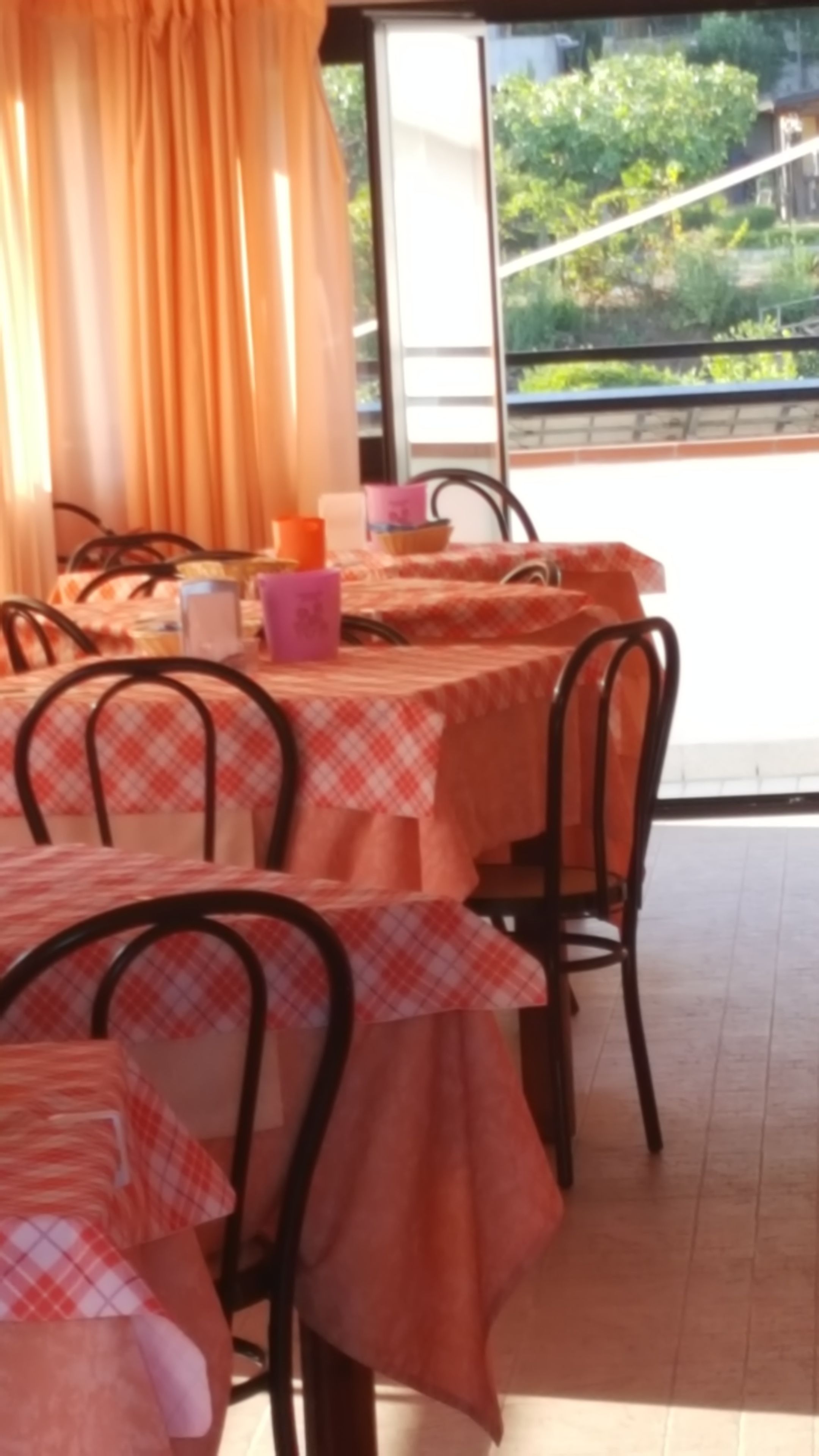 A dining area with tables covered in checkered tablecloths, metal chairs, and a view of greenery outside.