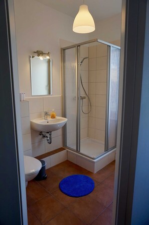 Douche, séchoir à cheveux, serviettes fournies, savon