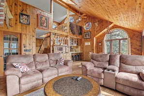 Smart TV, fireplace, foosball, books