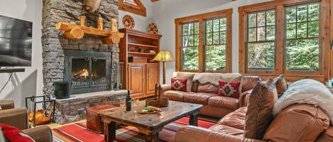 TV connectée, cheminée, livres