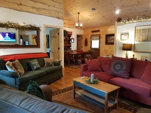 TV, DVD player, books, video library - RIVERFRONT ADIRONDACK LOG CABIN (Warrensburg)