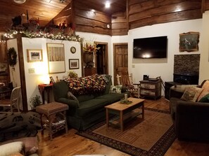 TV, DVD player, books, video library - RIVERFRONT ADIRONDACK LOG CABIN (Warrensburg)