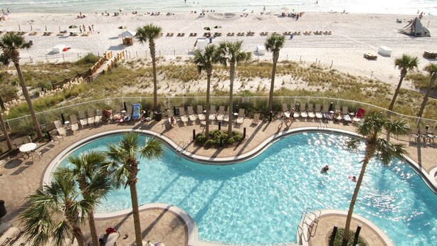 A pool with a curved edge, surrounded by lounge chairs and palm trees, with a beach and ocean in the background.