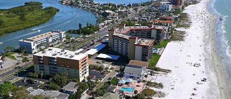 On the beach, sun-loungers, beach towels