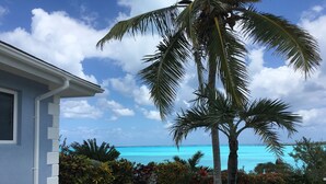 A house with a stone pathway leading to a palm tree and a view of the ocean. - Paradise! Private Beachfront Home w/ Pool & Beach WiFi!  

 (George Town)