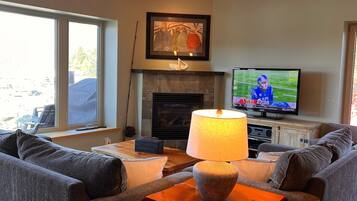 TV connectée, cheminée, lecteur de DVD, livres