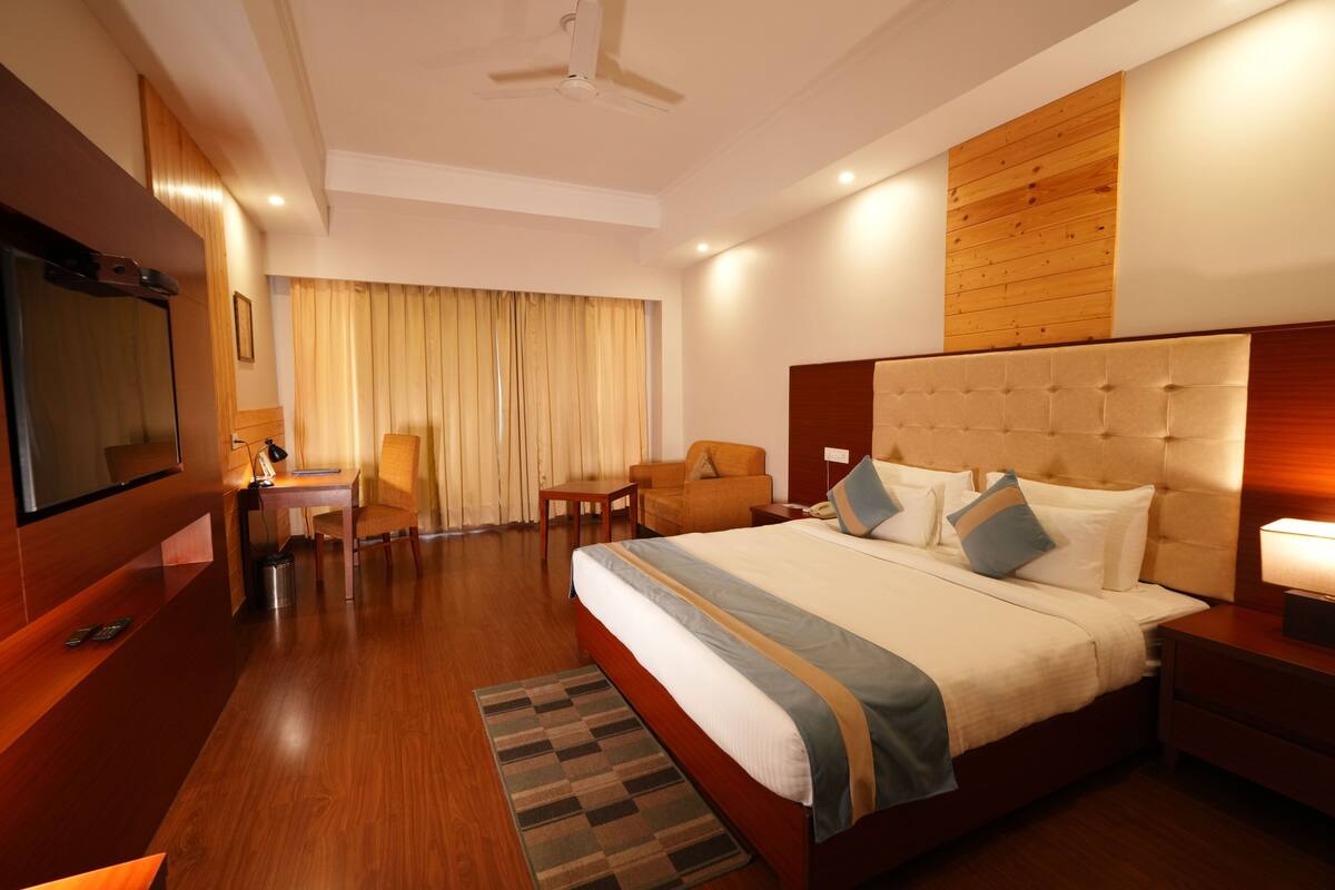A hotel room with a large bed, a desk, a chair, a TV, and a ceiling fan.