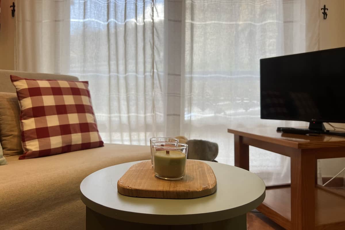 Een woonkamer met een bank, een geruit kussen, een kop koffie op een houten onderzetter, een televisie en een raam met dunne gordijnen.